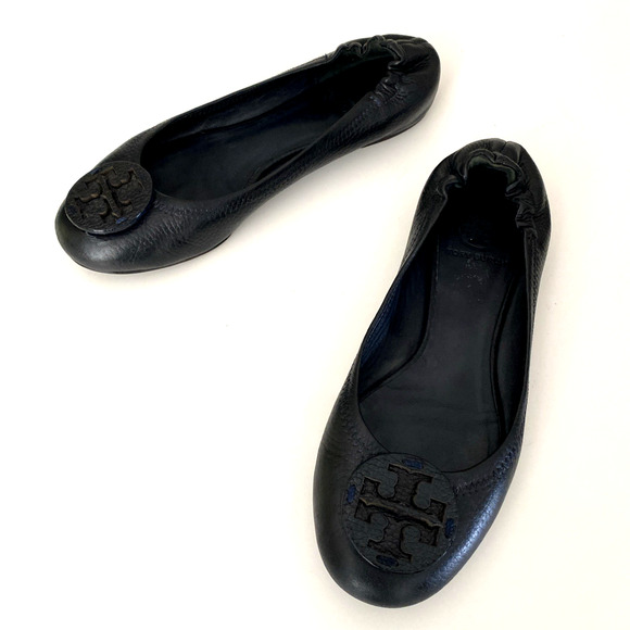 TORY BURCH Classic Minnie Ballet Flat Black Leather Logo Slip On Round Toe 7.5 - Picture 6 of 10